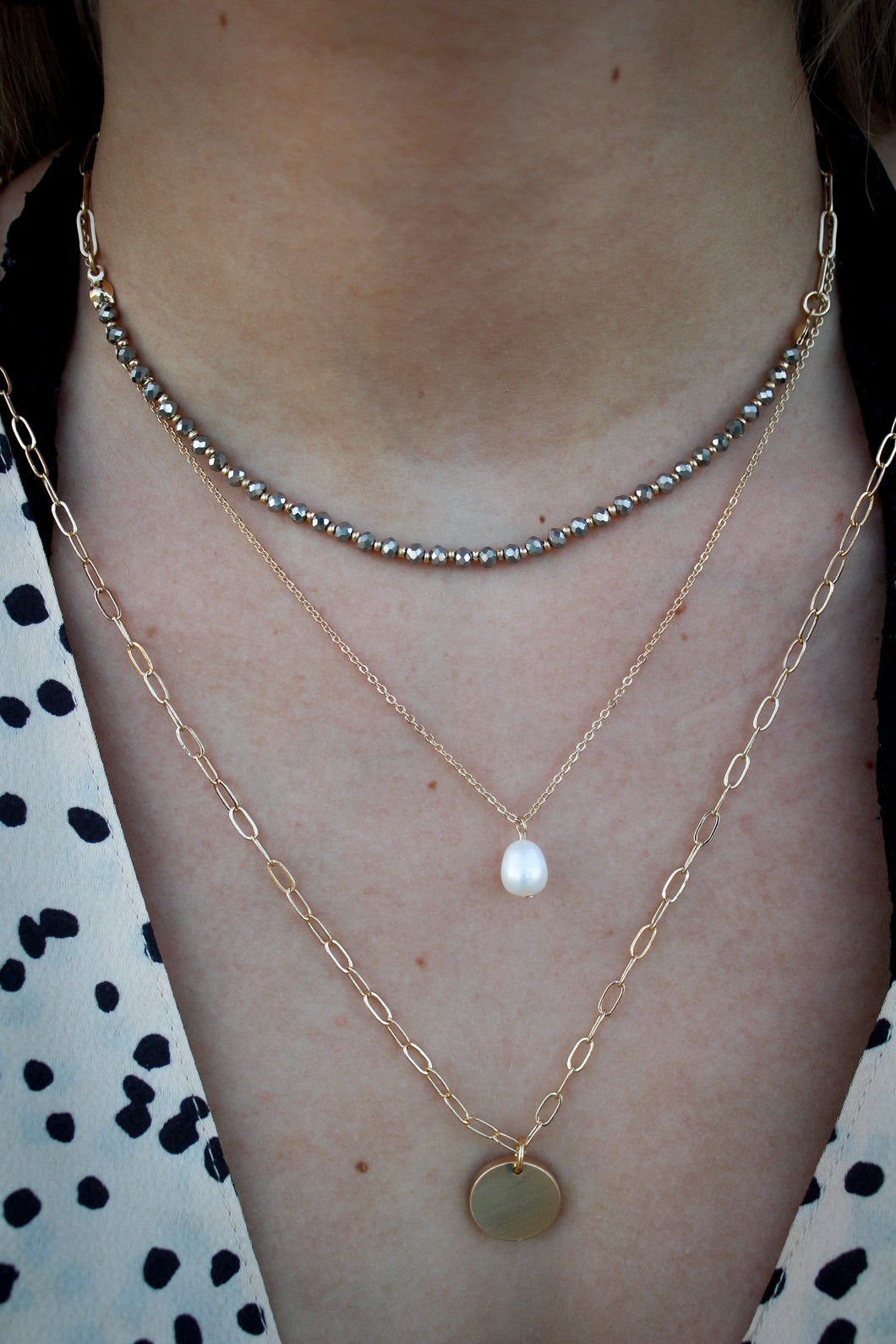 Gold Coin with pearl and Grey Crystal Necklace