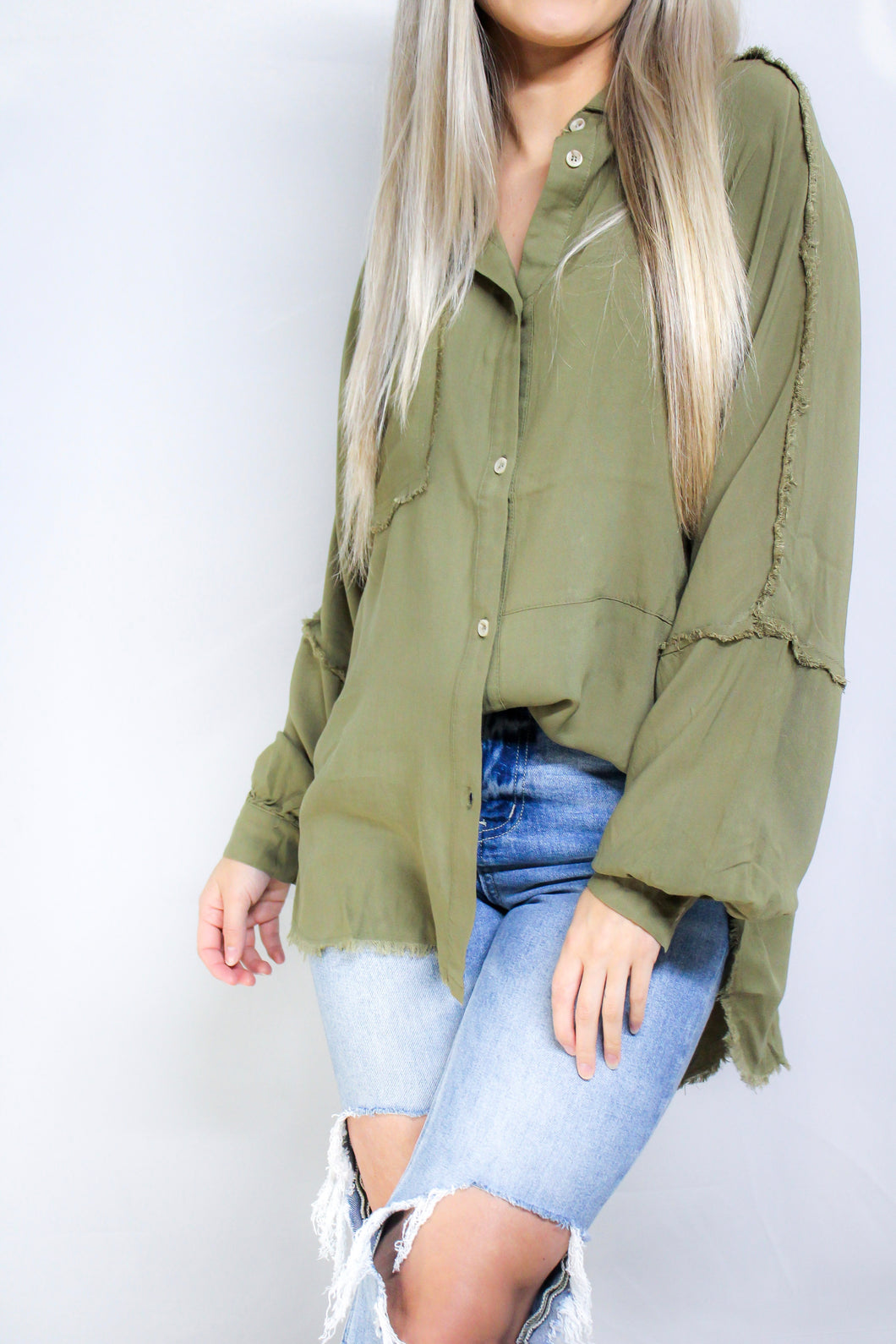 Olive Raw Hem Button- Up