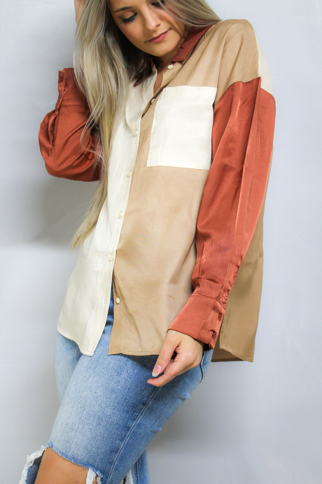 Rust ColorBlock Button-Up